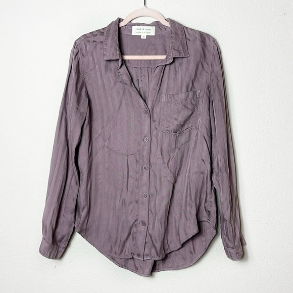 Cloth & Stone Anthropologie Mauve Grace Sateen Stripe Button Down Top Sz Medium - Picture 3 of 11